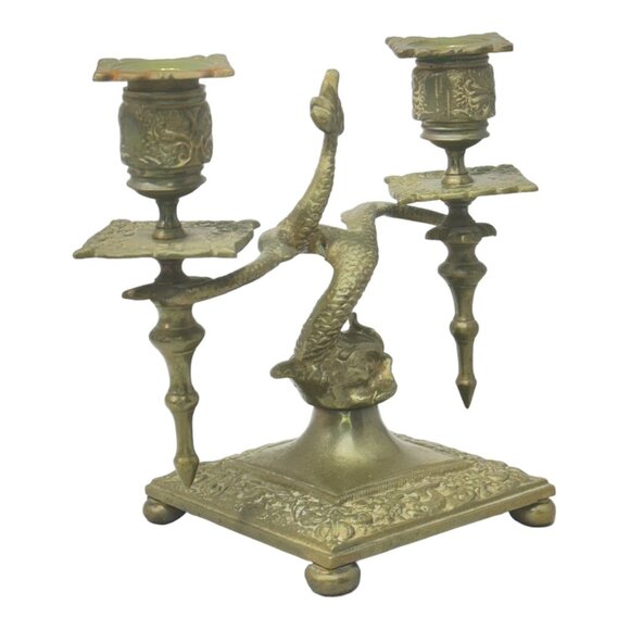 Pair of Antique Brass Asian Dragon/ Koi Fish Double Candle Holders 7" H x 8" W - Picture 10 of 12